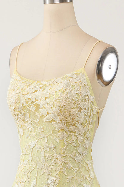 Yellow Mermaid Lace Appliques Long Formal Dress