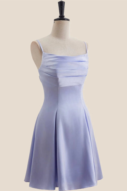 Light Blue Satin Short Dress with Back Bow