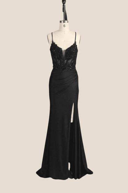 Wine Red Appliques Ruched Long Dress with Slit