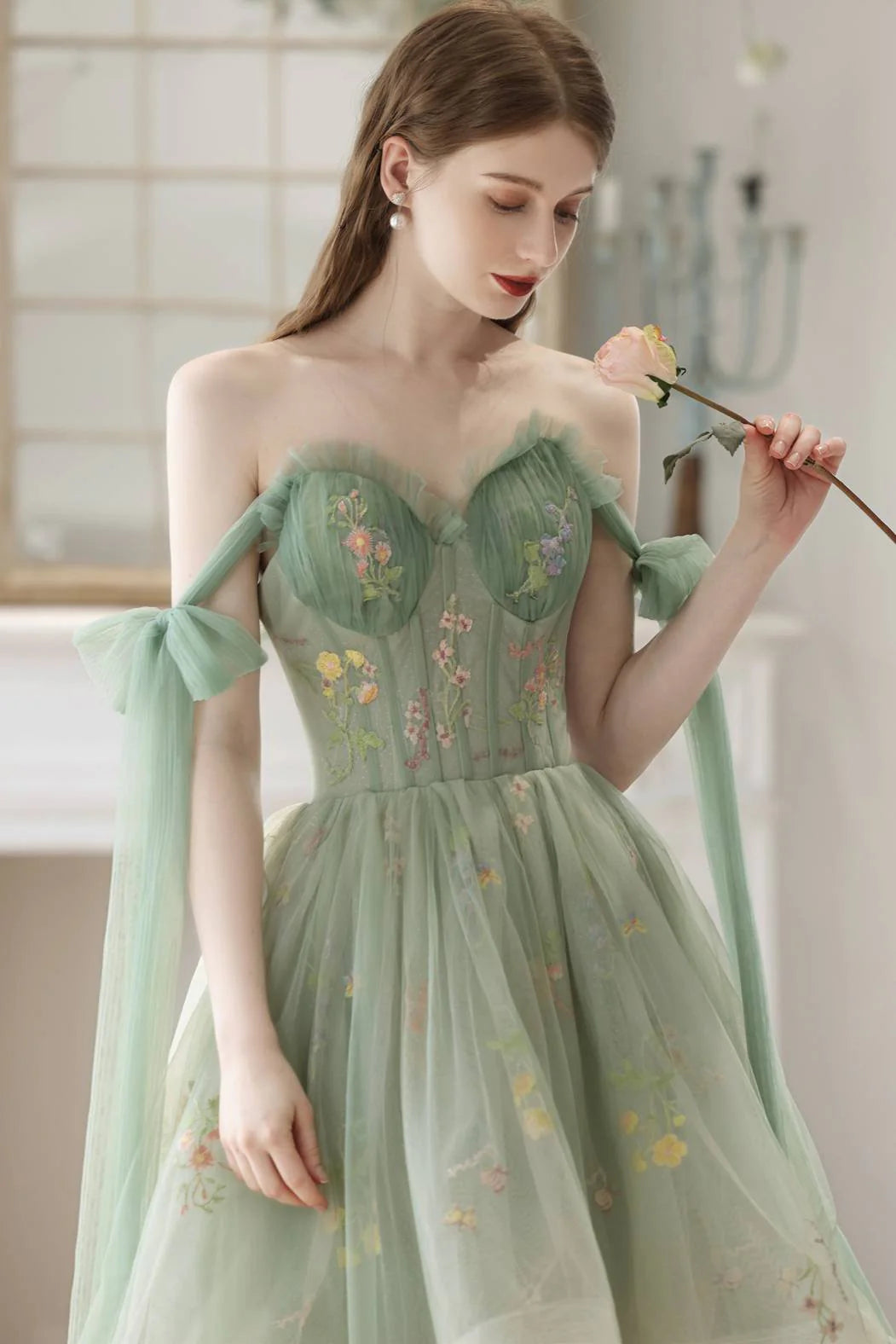 High Low Green Floral Tulle Party Dress