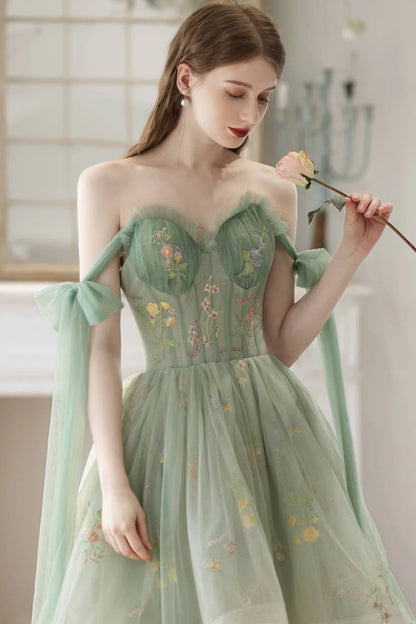 High Low Green Floral Tulle Party Dress