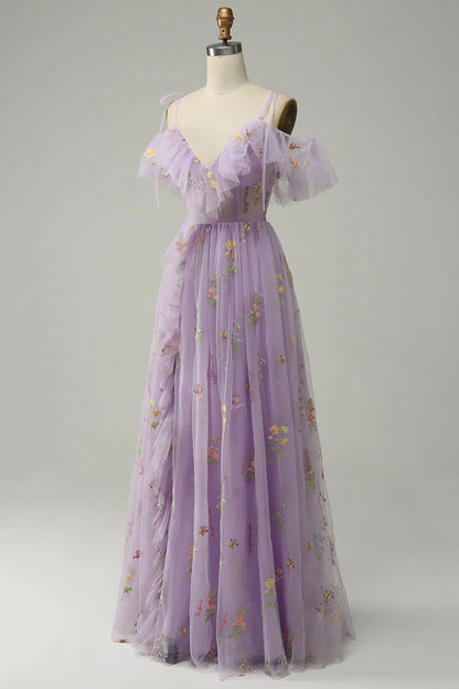 Lavender Floral Ruffles Tulle A-line Long Prom Dress