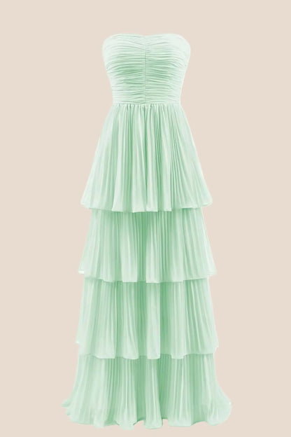 Yellow Chiffon Pleated A-line Tiered Maxi Dress