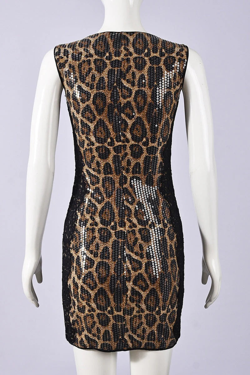 Leopard Sequin Scoop Tight Short Dress