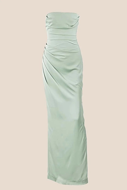 Strapless Red Ruched Long Dress with Slit
