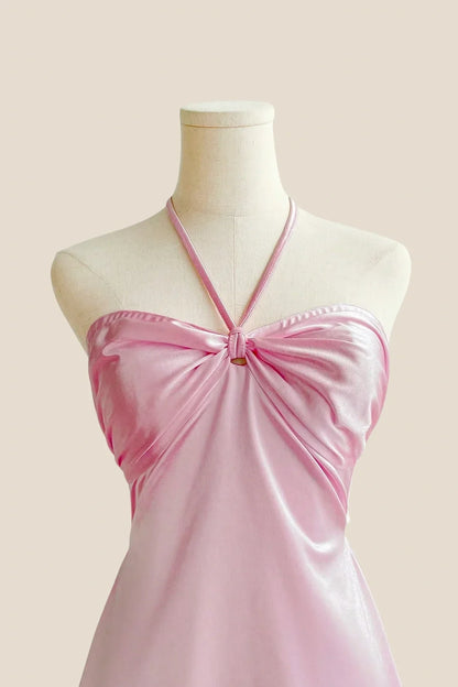 Halter Pink Back Tie A-line Short Dress