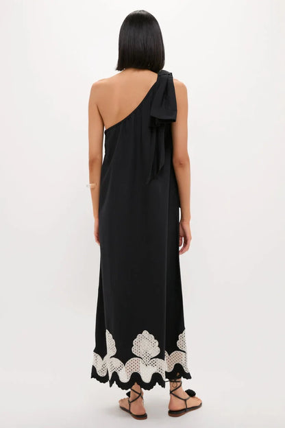 Black One Shoulder Embroidered Glinda Dress